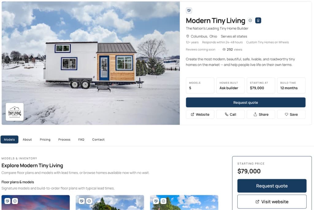 Modern Tiny Living builder profile with models, stats, and request quote on Little Houses For Sale