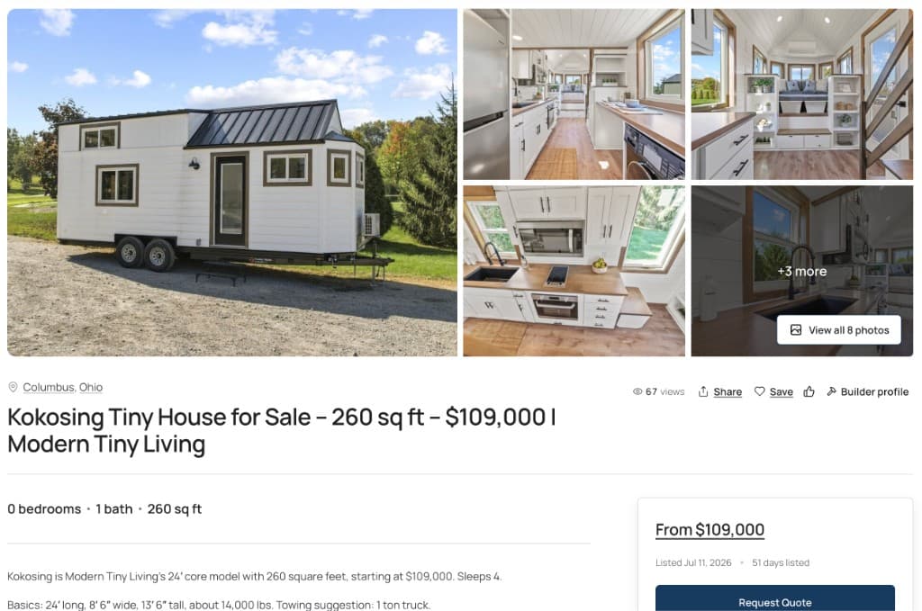 Kokosing tiny house listing page with photo gallery, price, and request quote on Little Houses For Sale