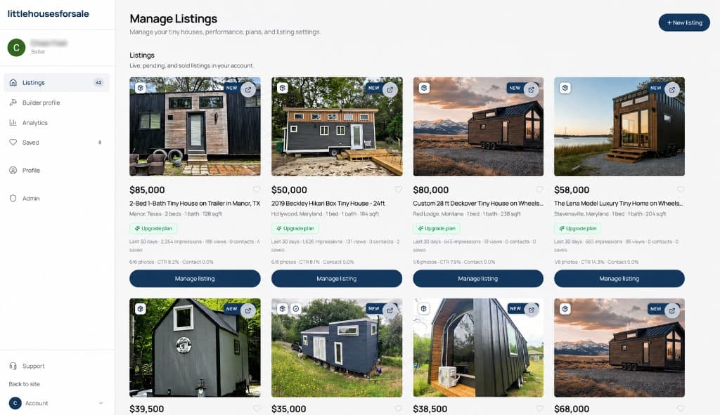 Seller dashboard with manage listings, analytics, and listing cards on Little Houses For Sale