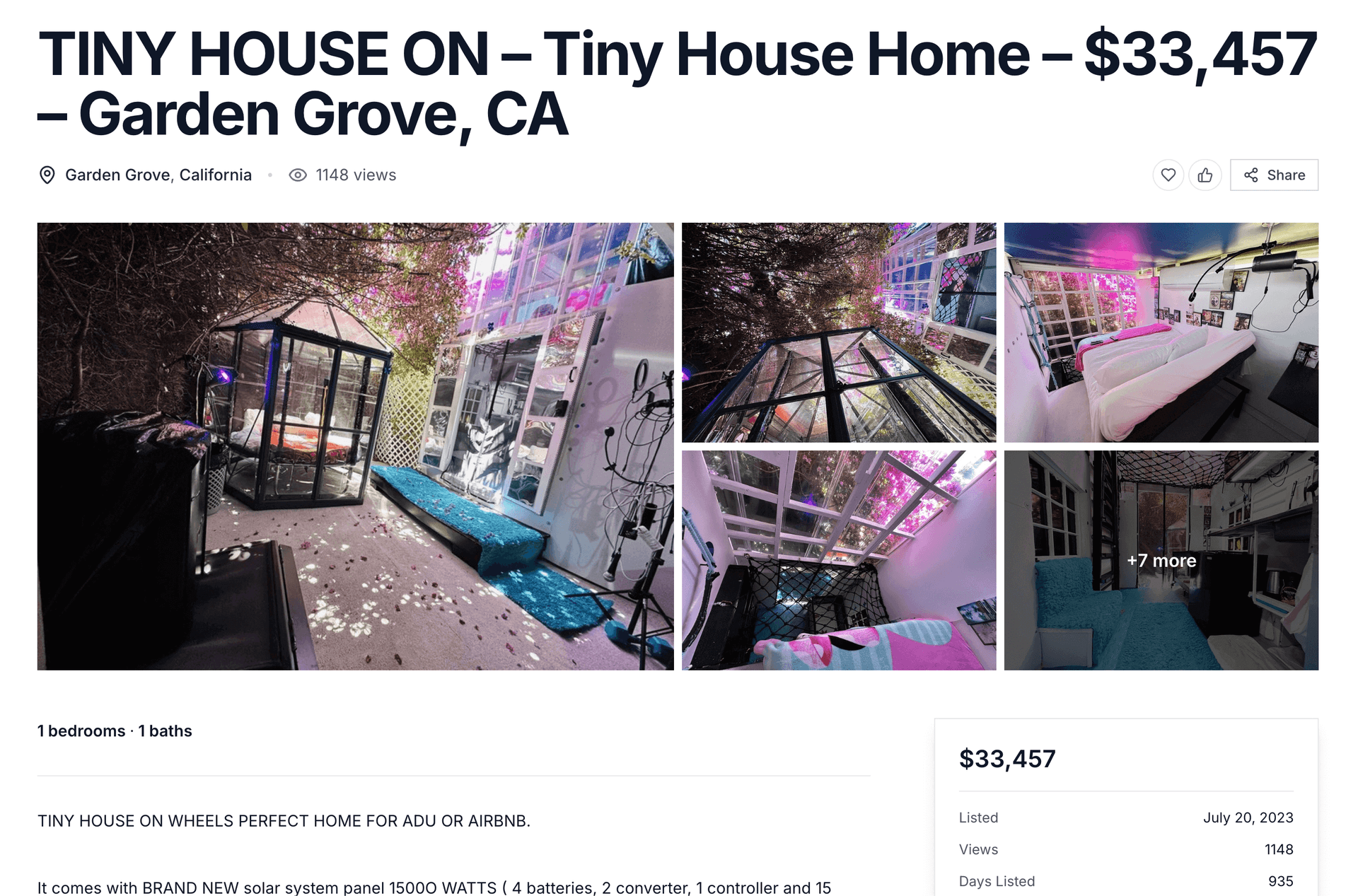 Tiny house listing on littlehousesforsale.com