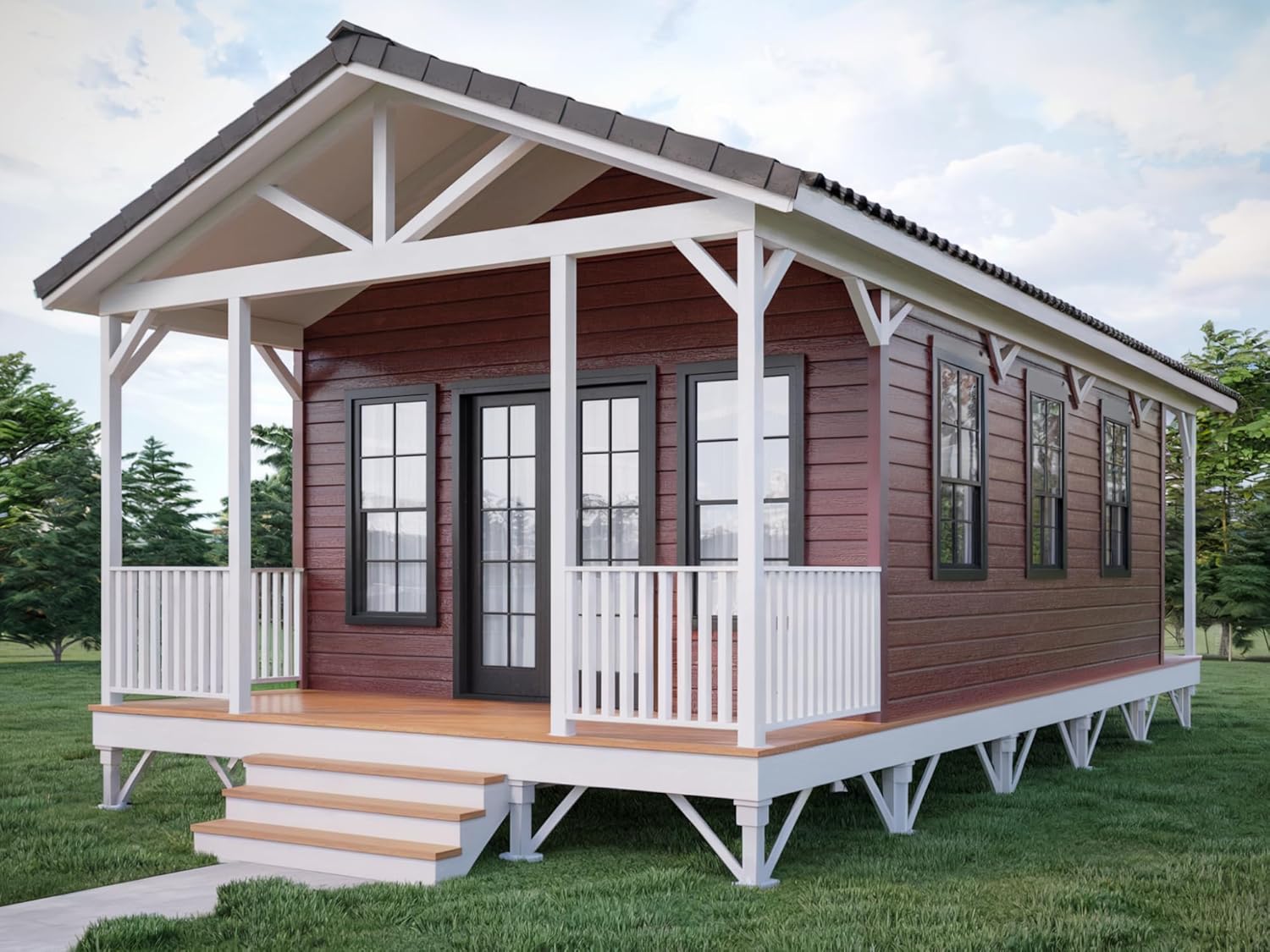 Modern Steel Frame Tiny House with Porch (320 sq ft) – Portable Modular Cabin, 1 Bedroom